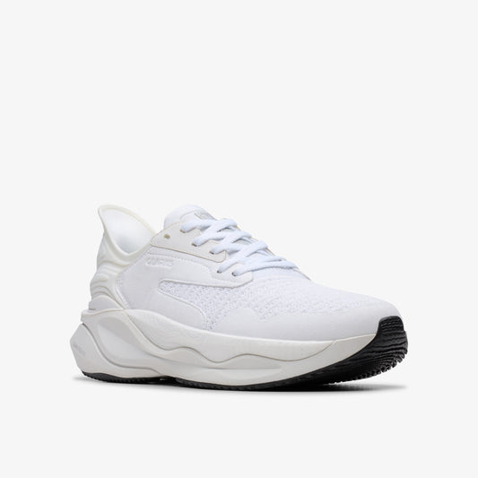 A white athletic shoe with white laces and a thick white midsole on a black outsole.
