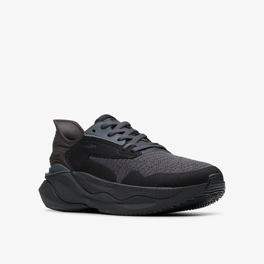 Black sneaker with gray laces and rubber soles.