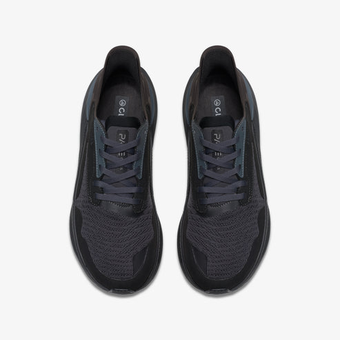 Overhead view of pair of black running shoes with laces.