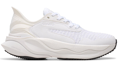 Side view of a white running shoe with white laces and a thick, patterned sole and heel.