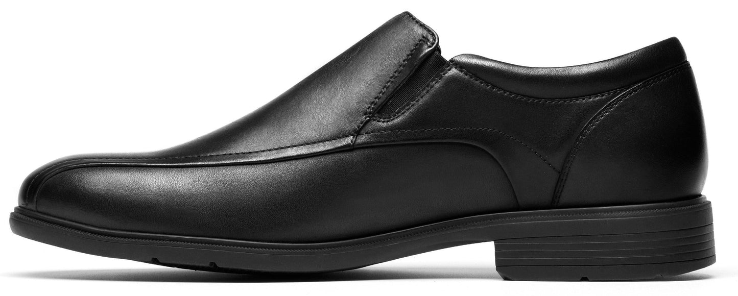 A black leather slip-on dress shoe.