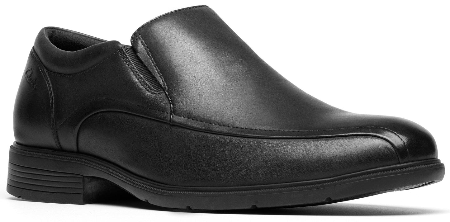 A black slip-on dress shoe.