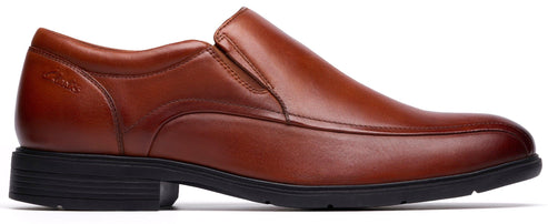 Brown leather slip-on dress shoe with a black sole.