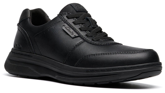 Black leather sneaker with black laces and black sole.