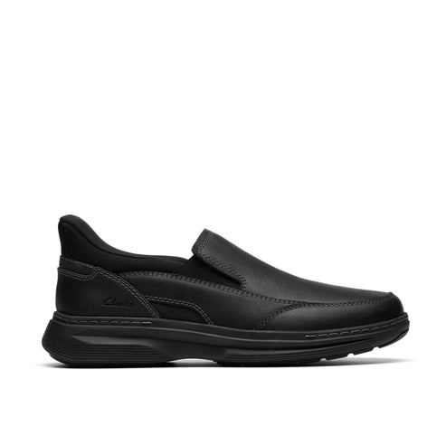 Black slip-on leather casual shoe with visible stitching.