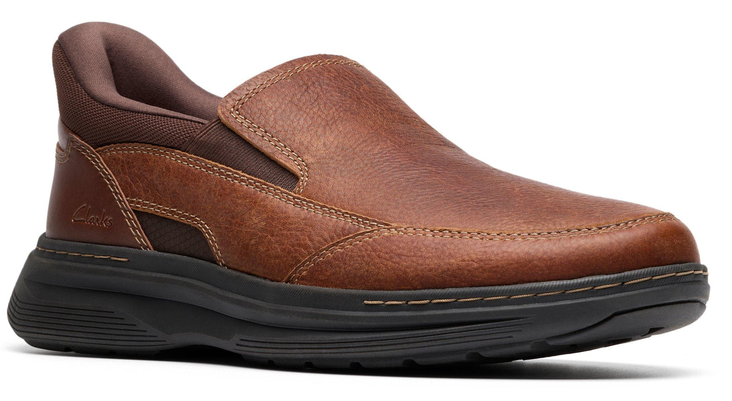 Brown leather slip-on shoe with black sole.