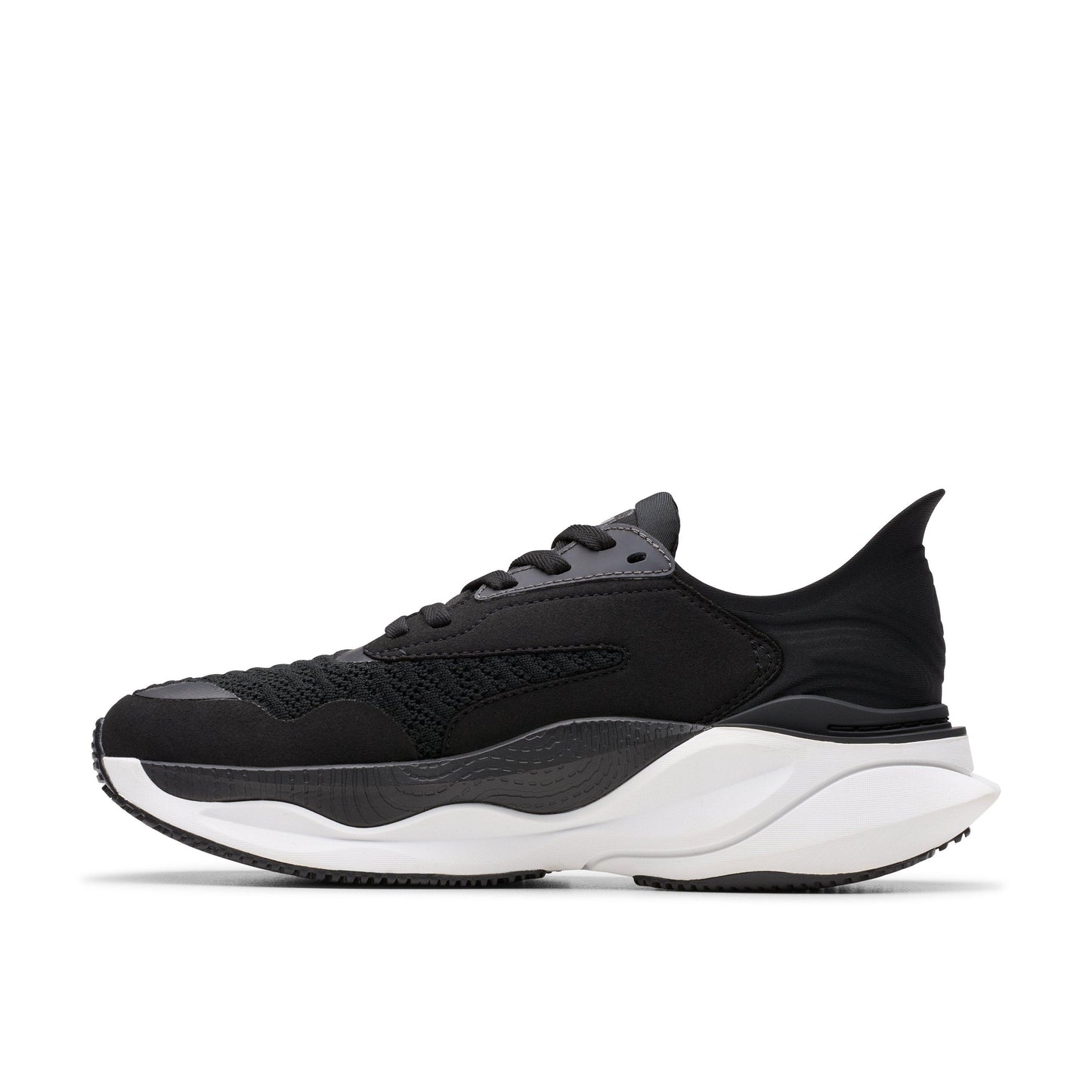 Black running shoe with a white sole.