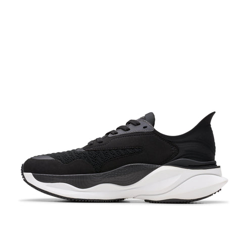 Black running shoe with a white sole.