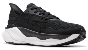 Black athletic shoe with a thick white sole and black laces.