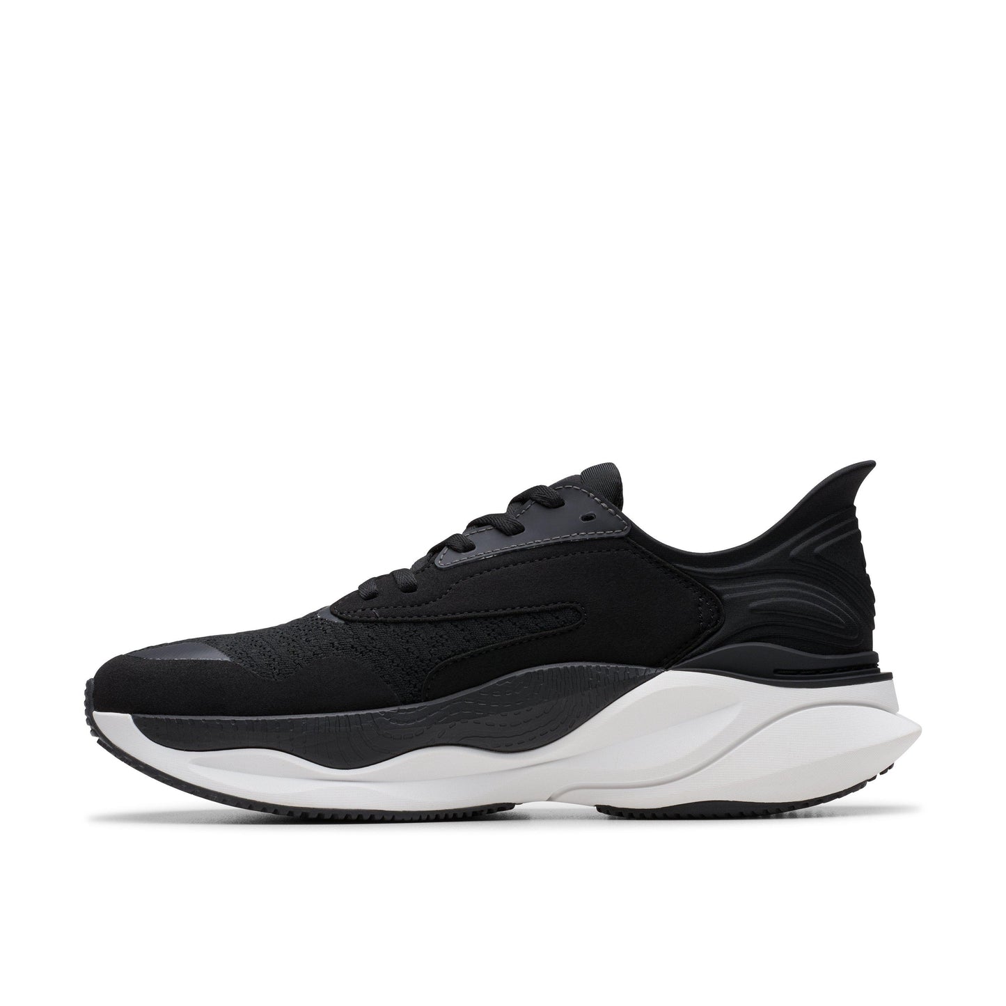 Black running shoe with white sole.