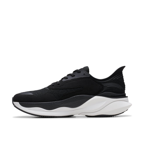 Black running shoe with white sole.