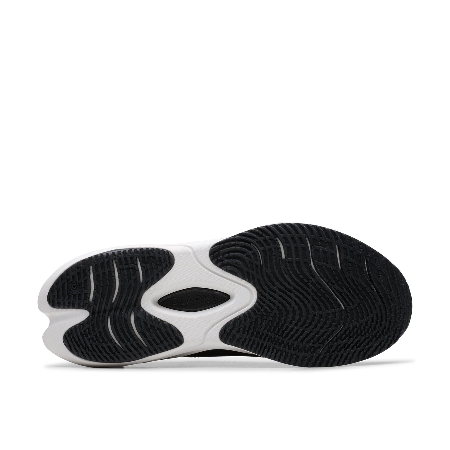 Bottom view of a black and white athletic shoe showing sole pattern.