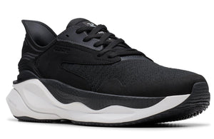 Black running shoe with white sole.