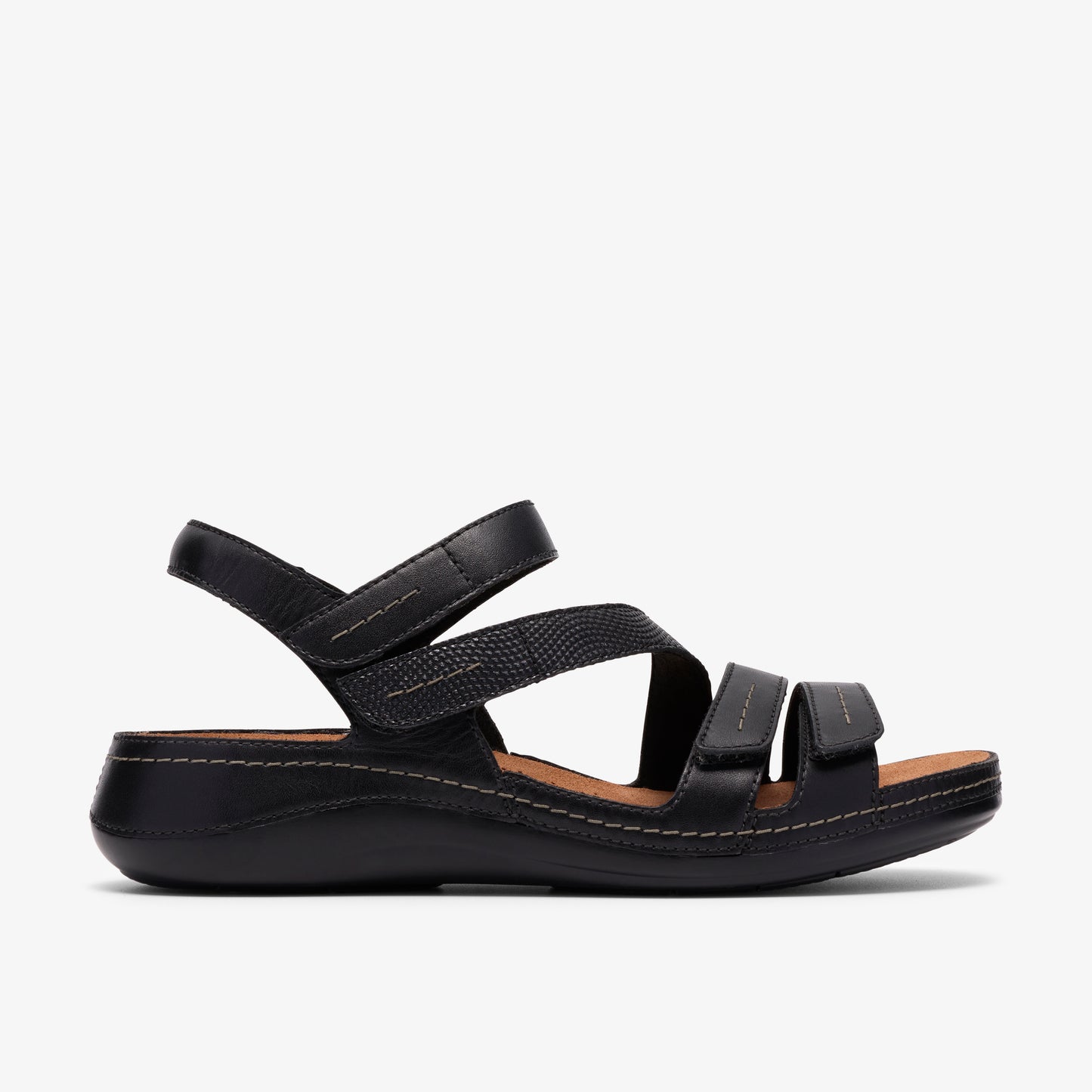 Black sandal with three adjustable hook-and-loop straps.