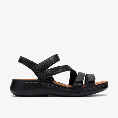 Black sandal with three adjustable hook-and-loop straps.