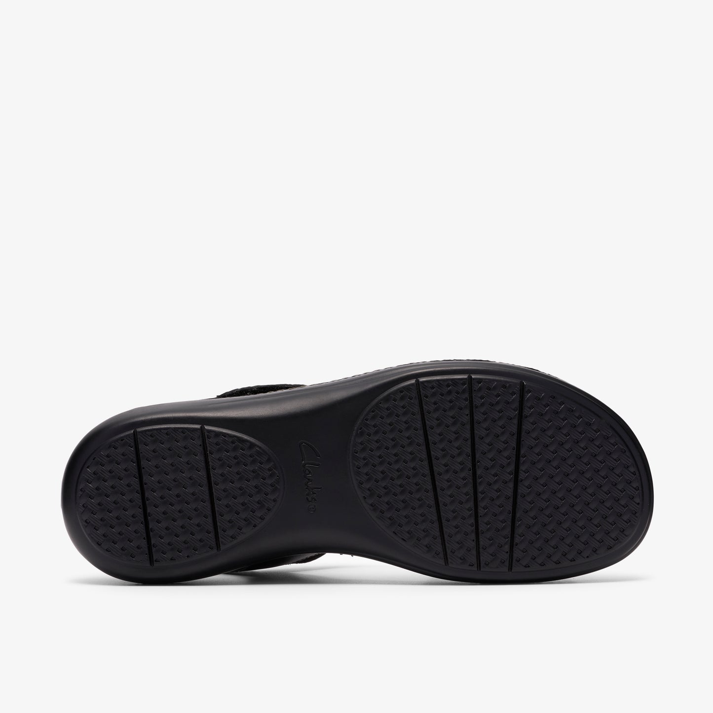 Black sandal sole with textured tread.
