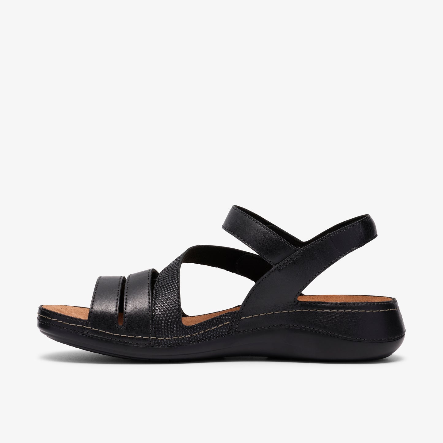 Black sandal with multiple front straps and a back ankle strap.