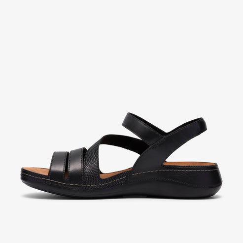 Black sandal with multiple front straps and a back ankle strap.