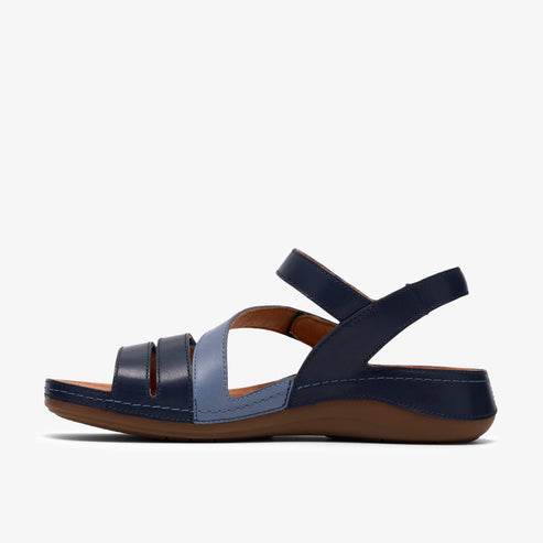 Blue leather sandal with toe straps and ankle strap.