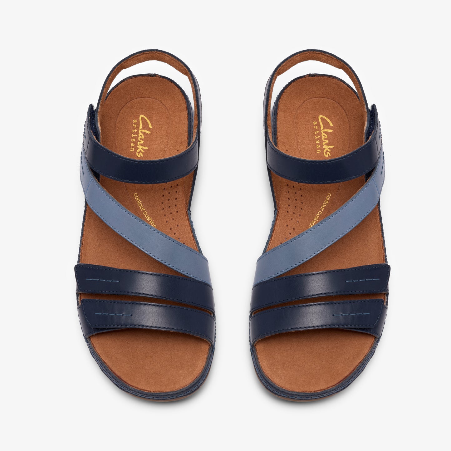 A pair of flat blue leather sandals with a light blue strap and tan footbed.