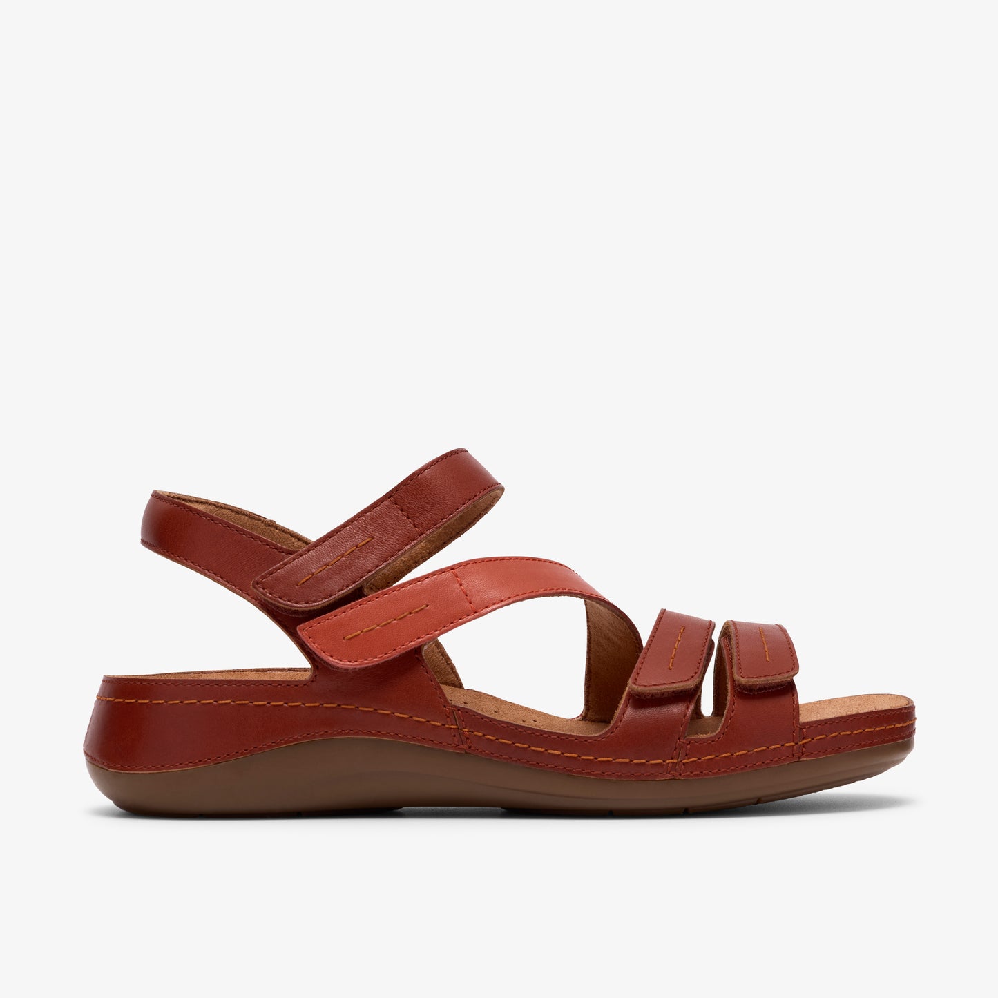 Red sandal with three hook and loop straps