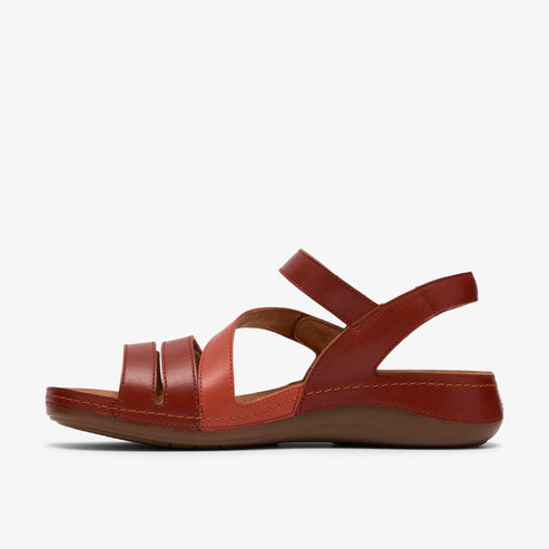 Reddish-brown sandal with multiple straps and a slingback strap.