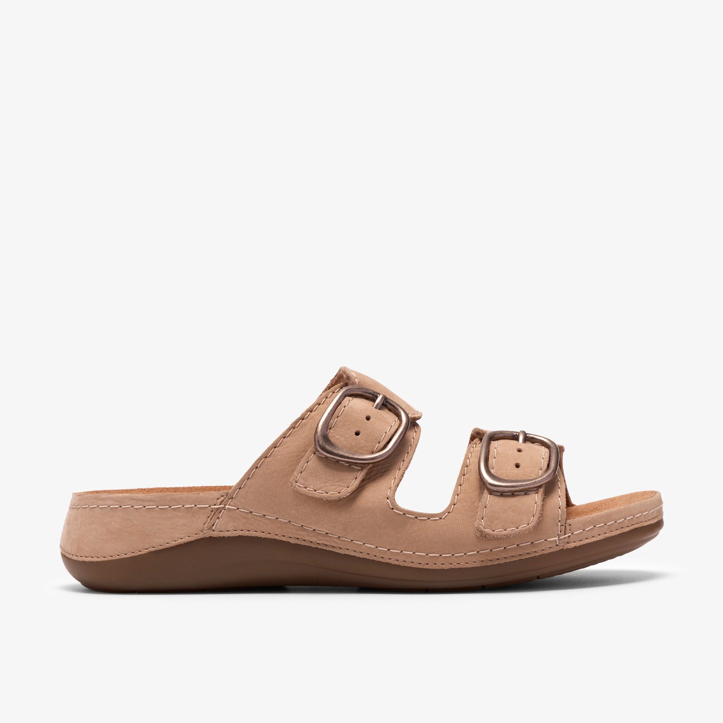 Tan slide sandals with two adjustable buckle straps.