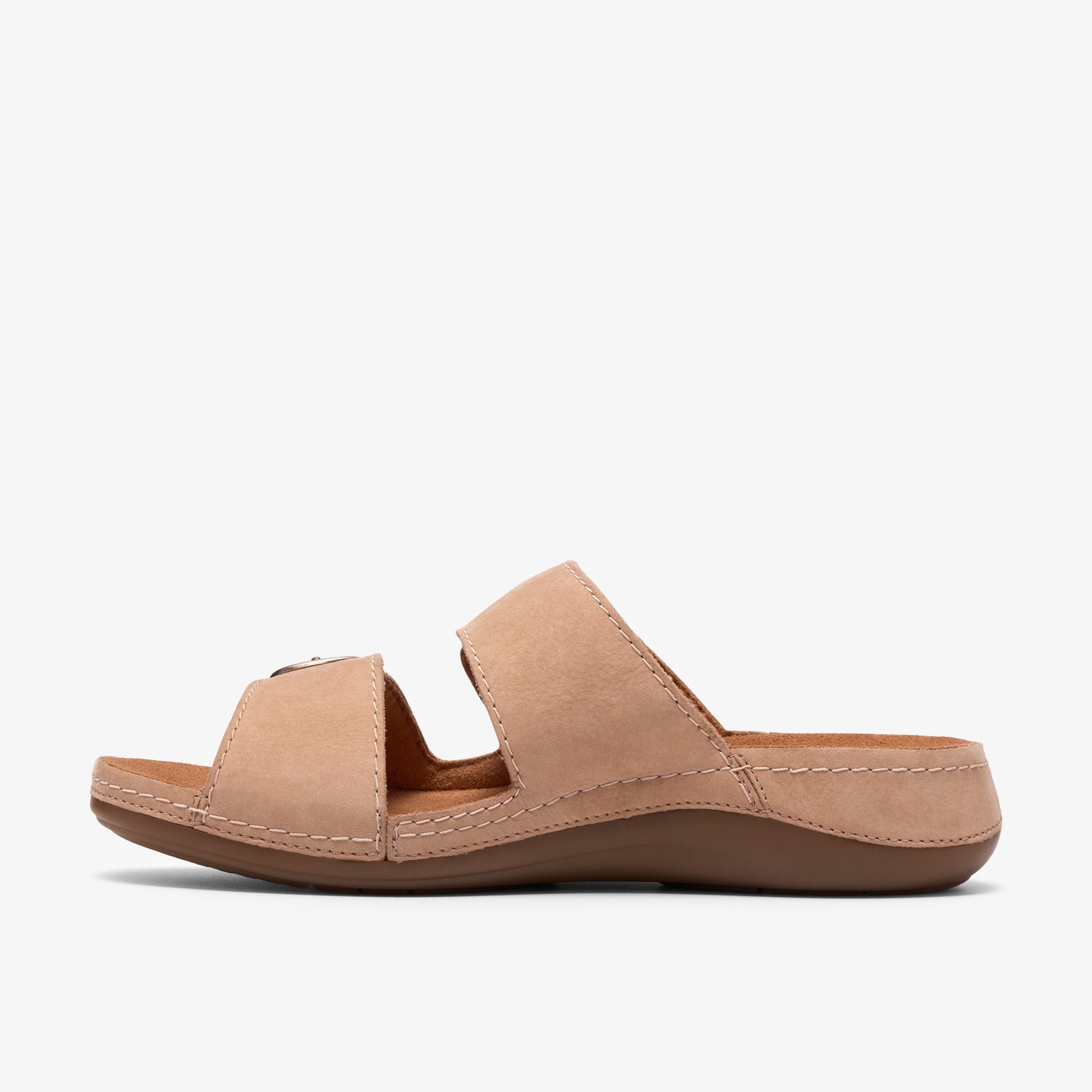 Tan slide sandal with two upper straps and buckle.