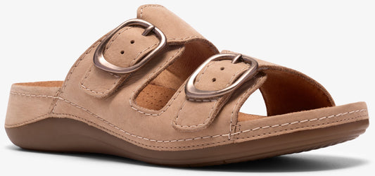 A tan sandal with two buckle straps.