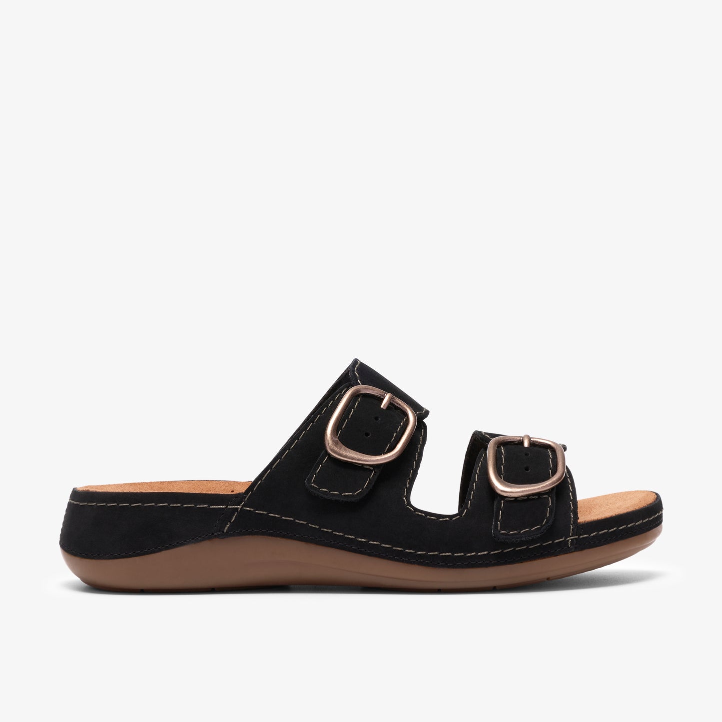 Black suede sandal with two straps and gold buckles.
