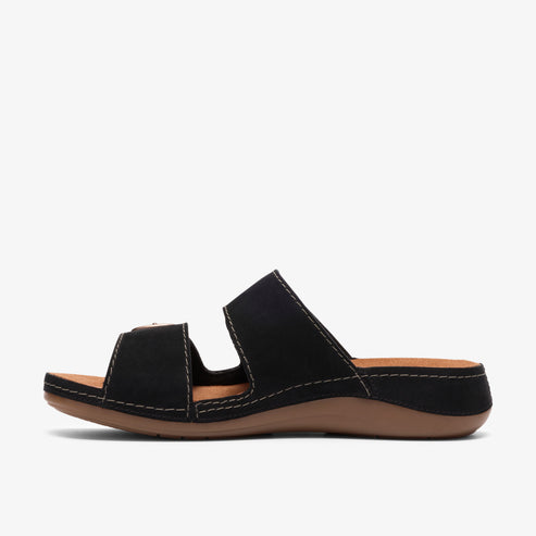 Black sandal with two straps and light stitching.
