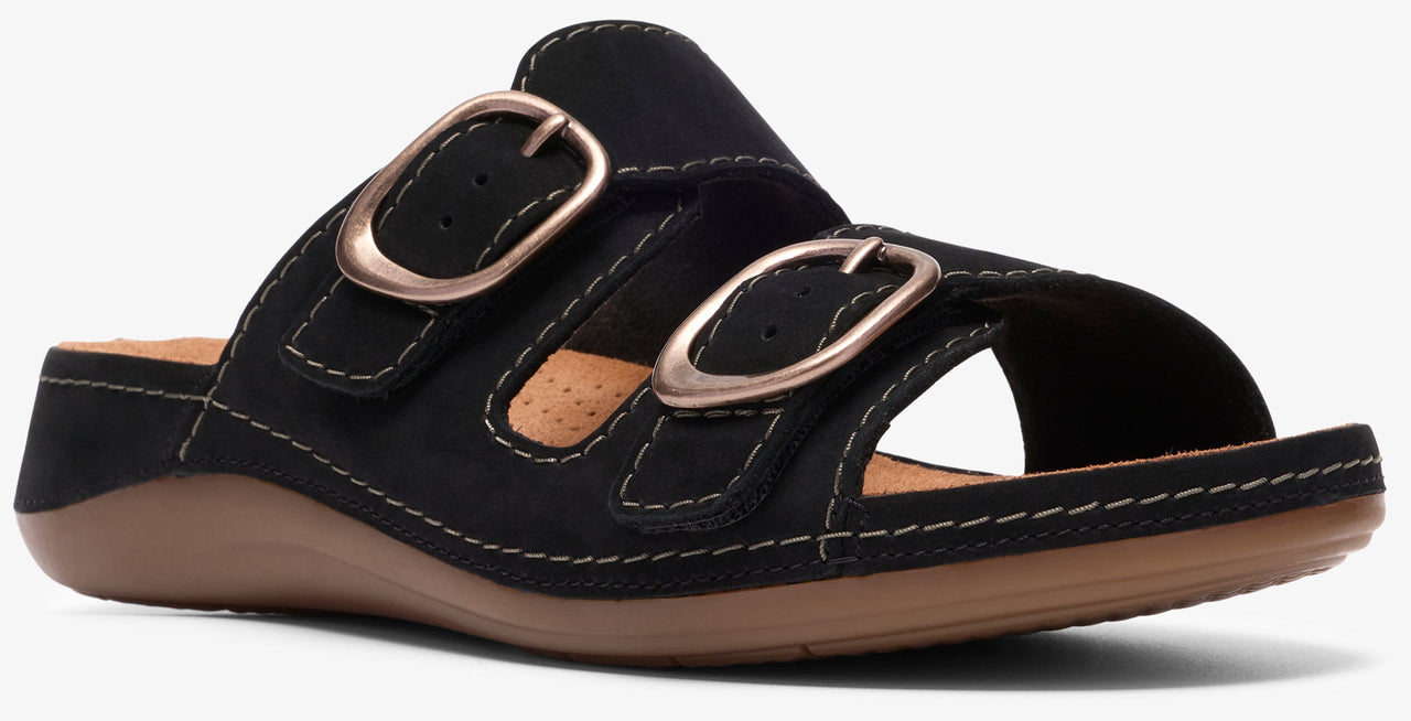 Black sandal with two adjustable straps and copper-colored buckles.