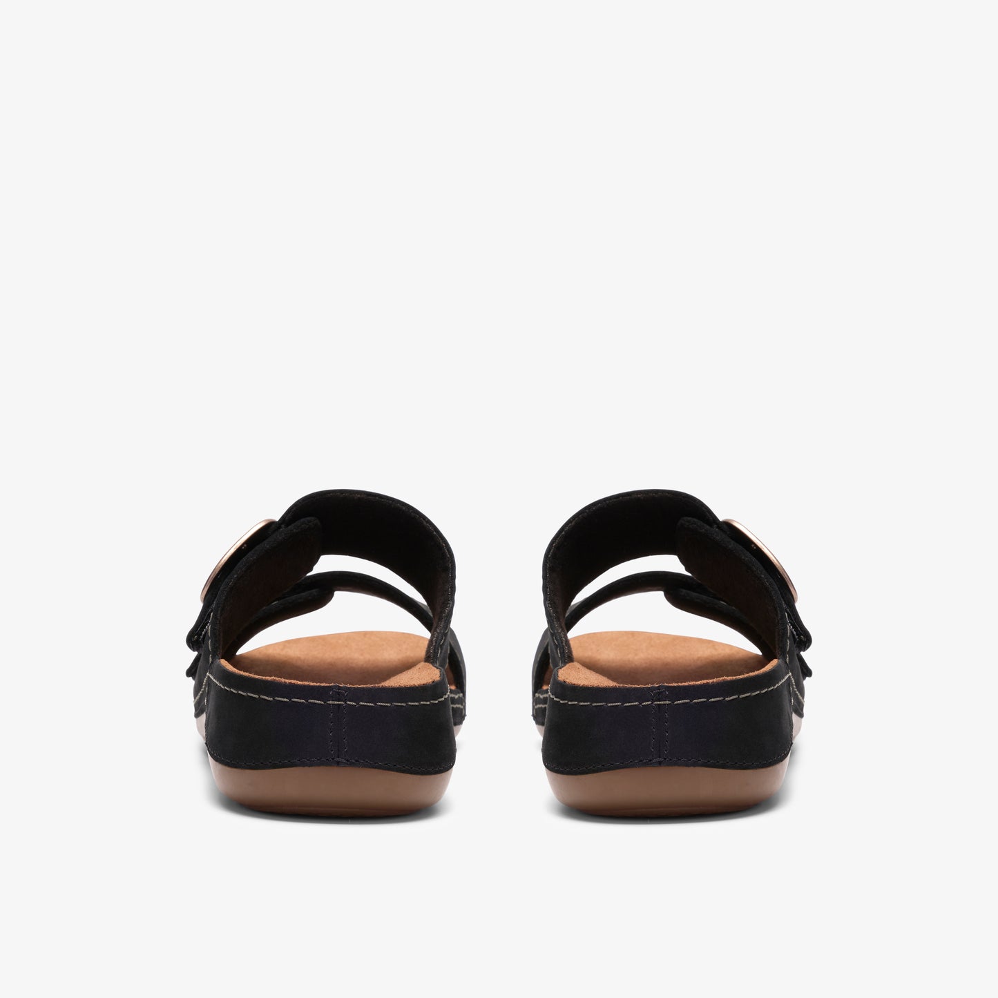 Rear view of black two-strap slide sandals with buckle.
