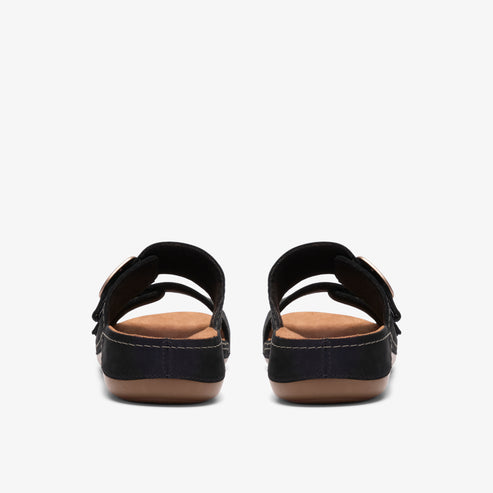 Rear view of black two-strap slide sandals with buckle.