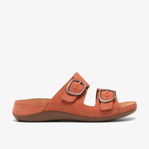 Side view of an orange slide-on sandal with two straps and metal buckles.