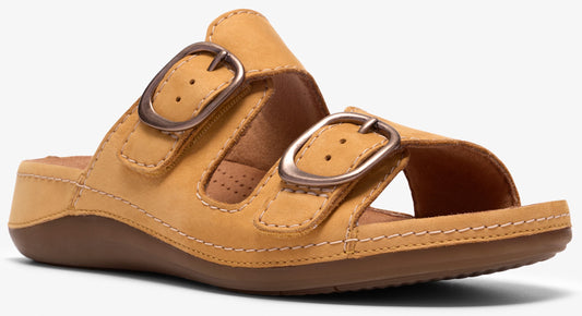 Tan sandal with two buckled straps