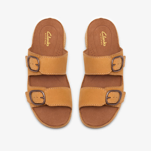 Top-down view of two tan leather sandals with two straps each, and a buckle on each strap. The insole has "Clarks ARTISAN" printed on it.