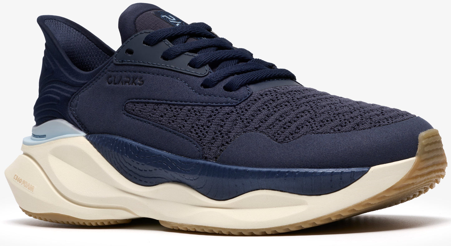 Navy running shoe with thick, light sole and CLARKs logo.