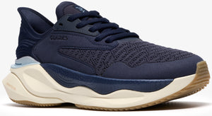 Navy running shoe with thick, light sole and CLARKs logo.