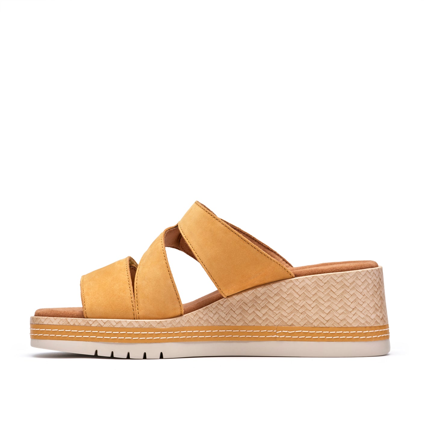Yellow platform sandal with cross straps.