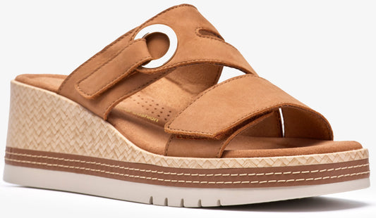 Tan wedge sandal with two hook-and-loop straps.