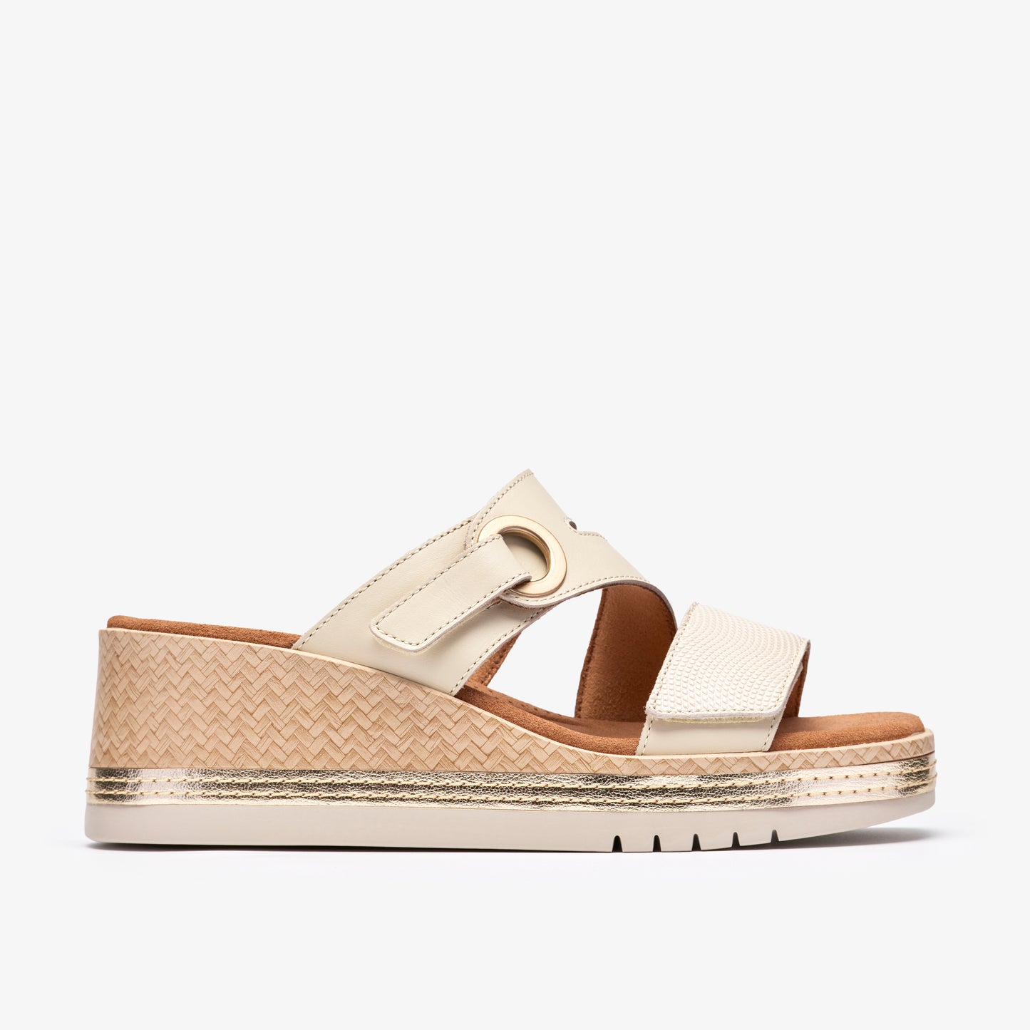 Beige wedge sandal with interwoven straw-like design and adjustable strap.