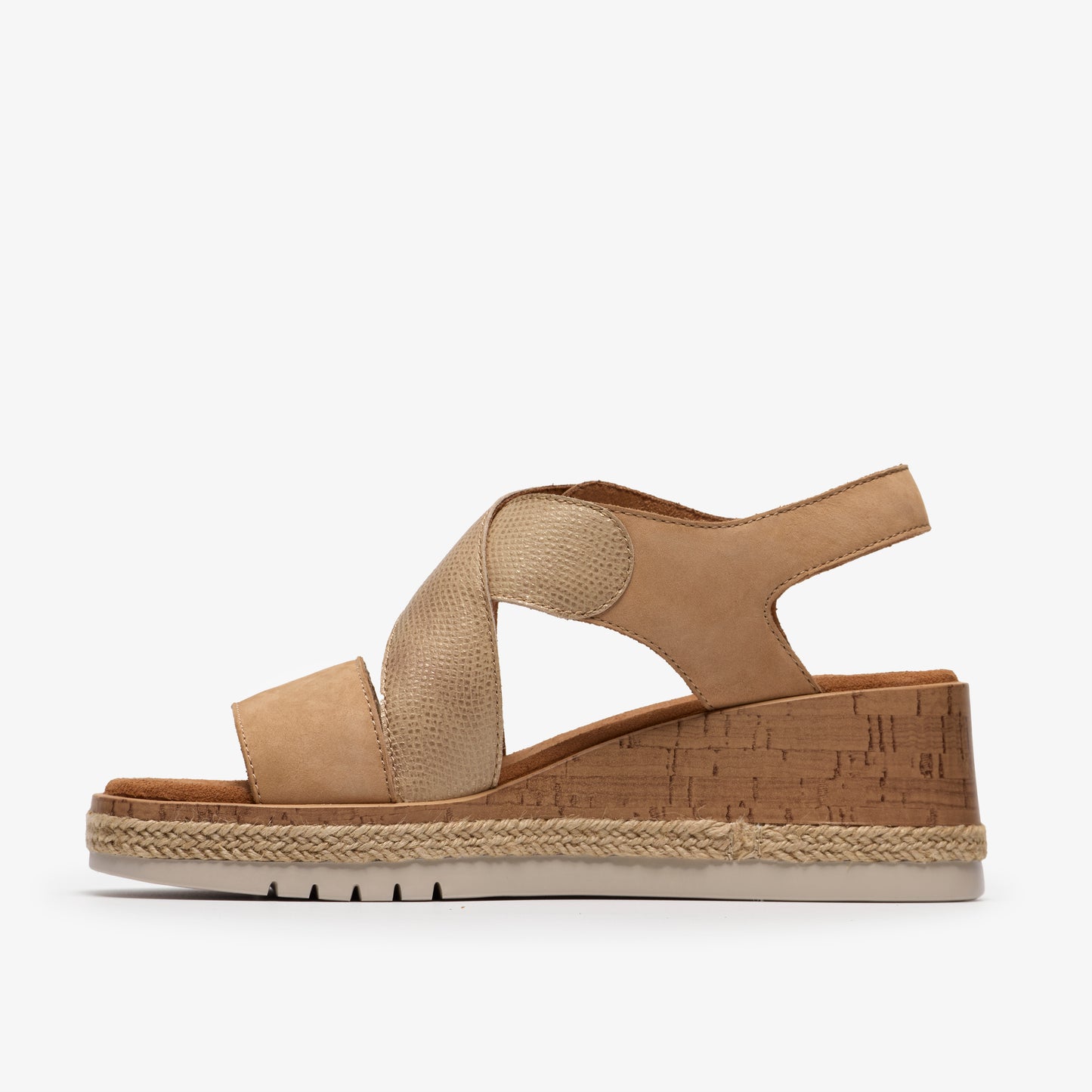 Tan women's wedge sandal with crisscross straps.