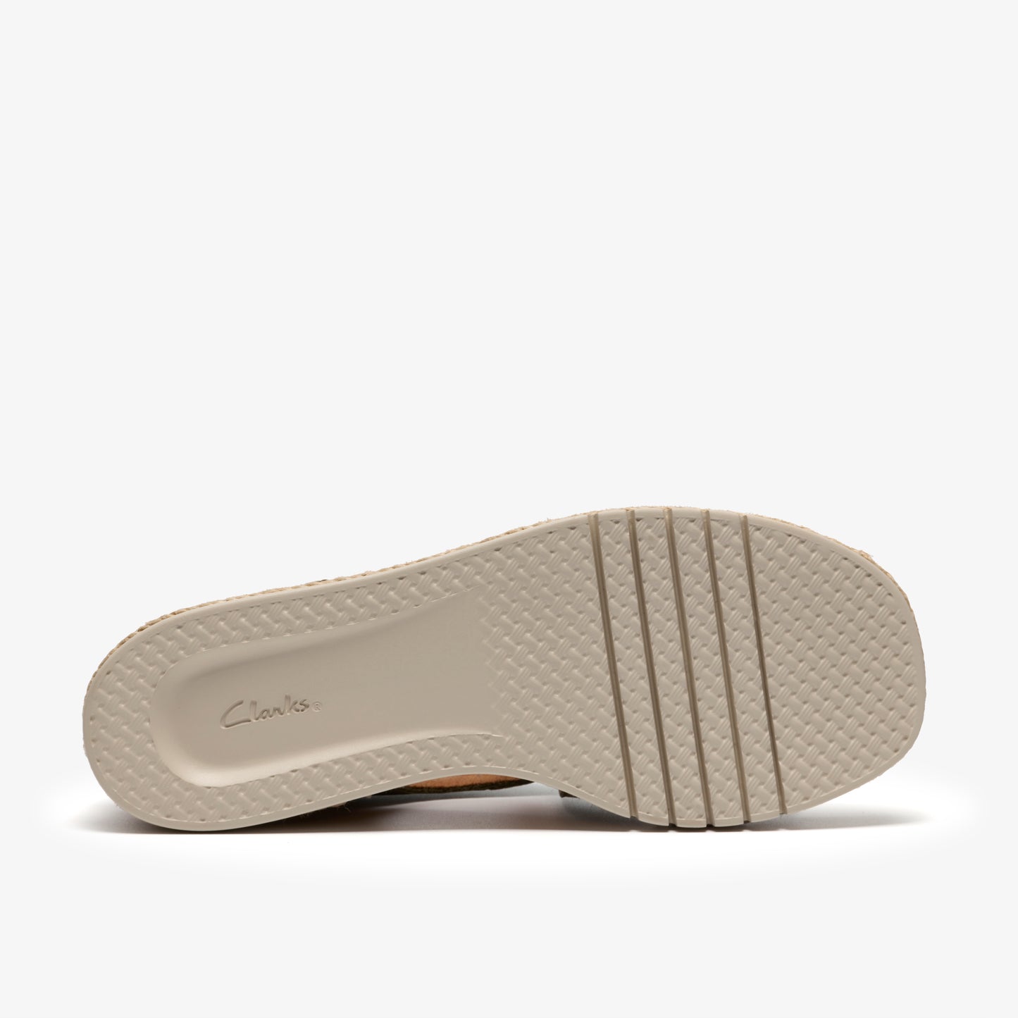 Tan shoe sole with visible Clarks text.