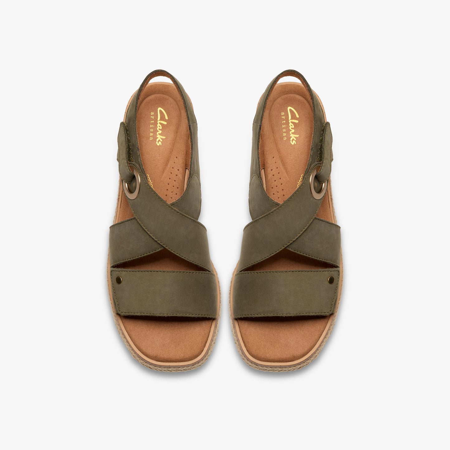 Pair of olive green criss-cross strap sandals with cork soles.