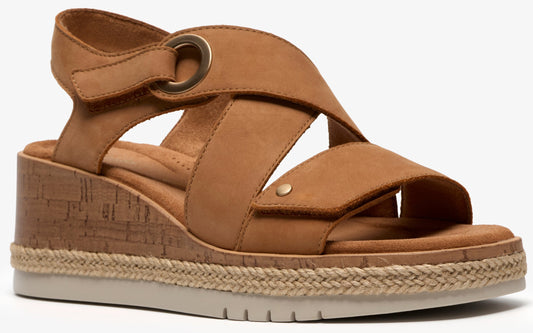 Tan platform sandal with espadrille trim and hook-and-loop straps