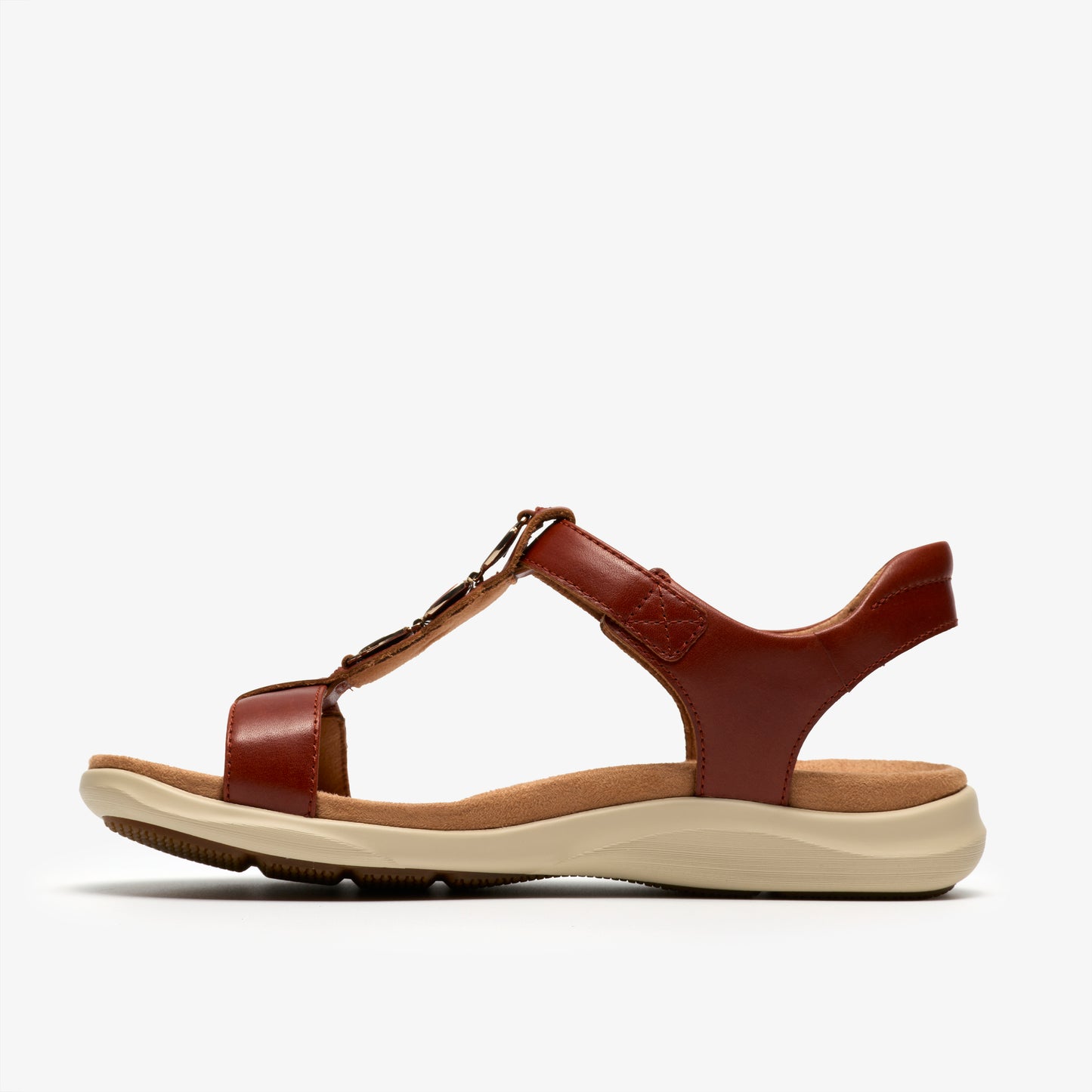 Brown leather sandal with toe loop and ankle strap.