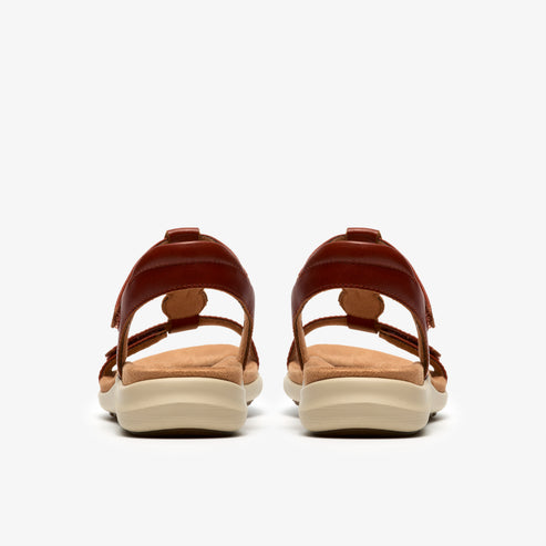 Rear view of brown sandals with tan soles.