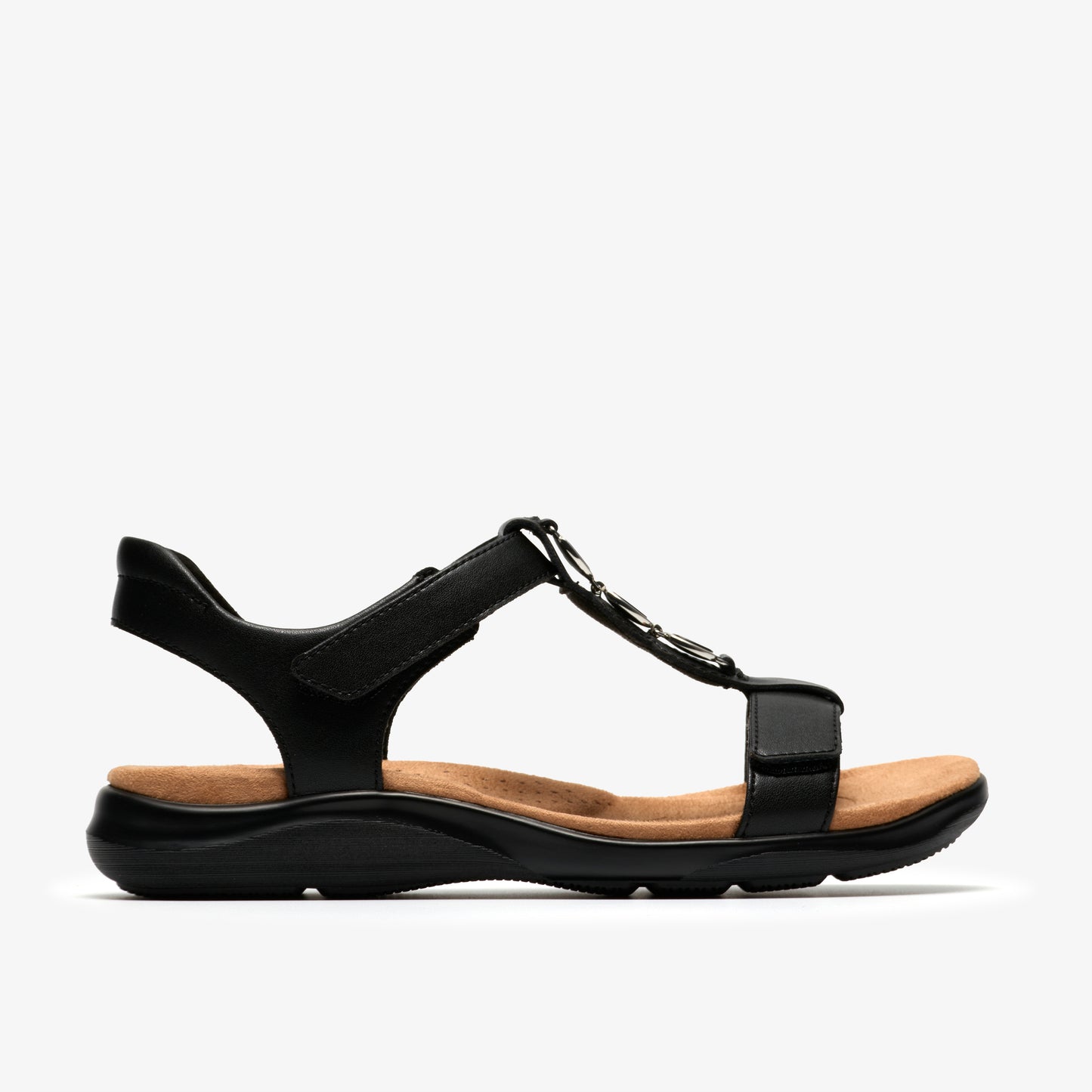 Black sandal with ankle strap and silver chain detail.