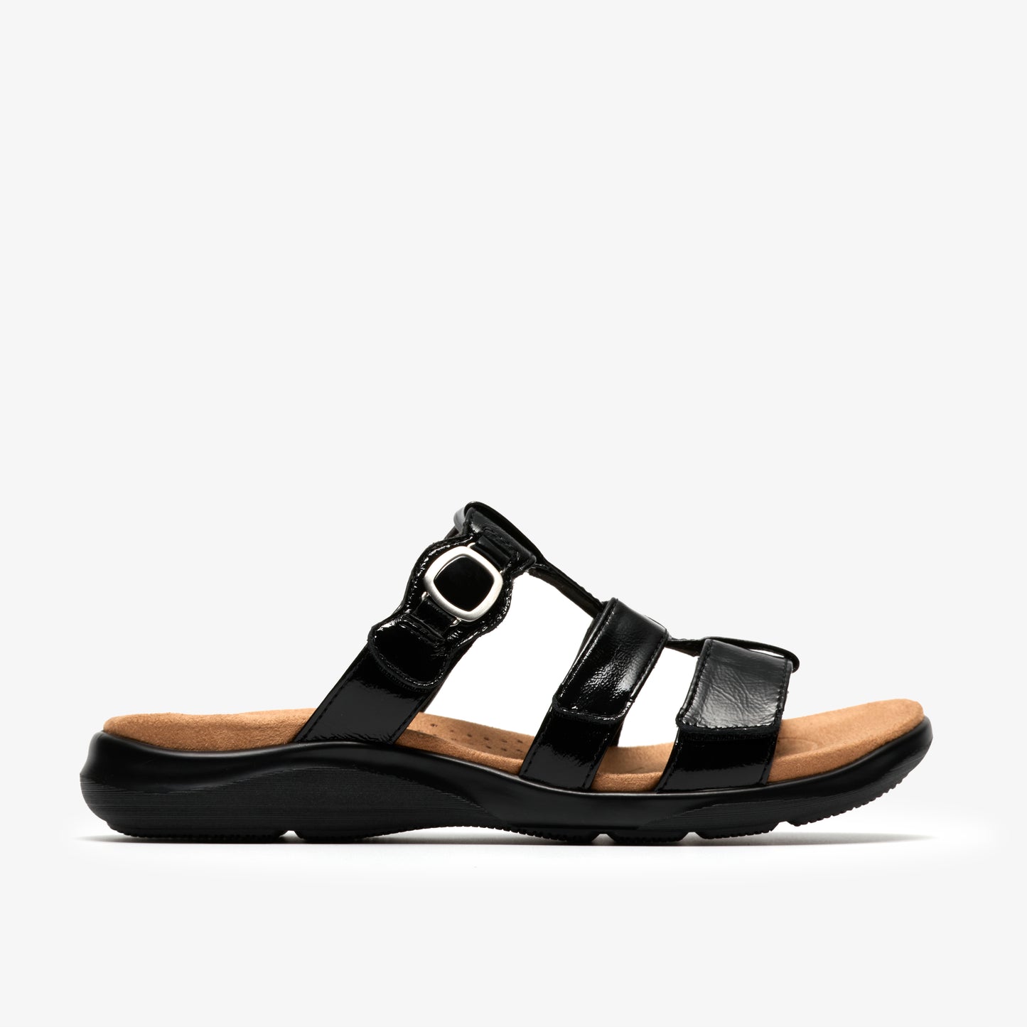 Black slide sandals with three straps and a buckle